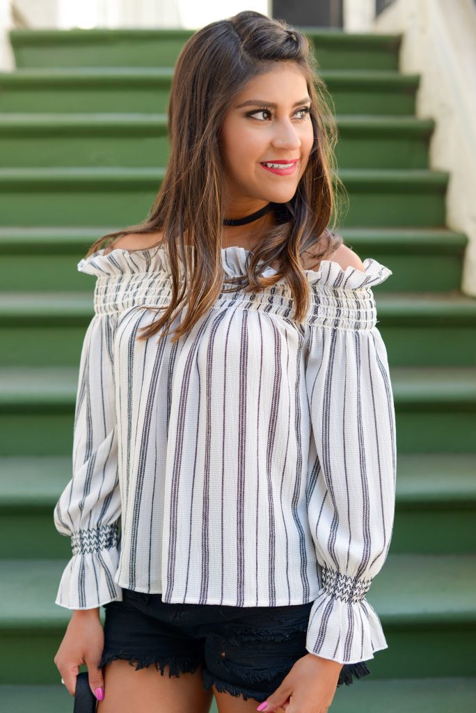 Black and White off the Shoulder Shirt - Kelsey Kaplan Fashion